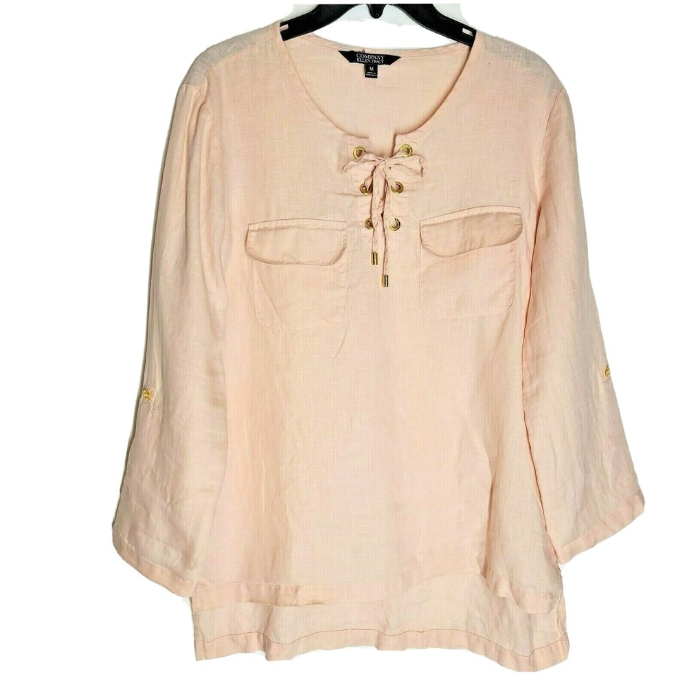 Company Ellen Tracy Women's 100% Linen Tunic Pink Roll Tap Sleeve Size Medium